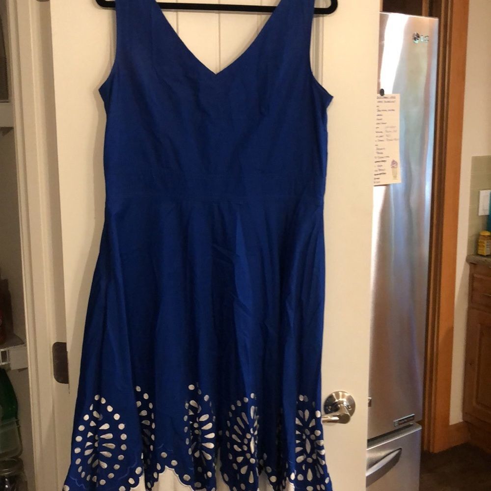eShakti Blue White Embroidered Cotton Dress Pockets Sz 14 EUC